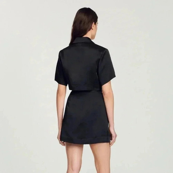 SANDRO Short Openwork Black Satin dress, Size 4, button down, collar. - Picture 3 of 8